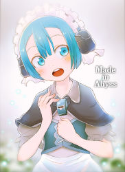 Rule 34 | 1boy, :o, apron, bad id, bad pixiv id, bare arms, blue eyes, blue hair, blue pupils, blue shirt, blurry, blush, capelet, copyright name, crossdressing, depth of field, eyebrows, facing viewer, fingernails, frills, hair between eyes, hand on own chest, head tilt, keigo inoue, light particles, looking away, looking to the side, made in abyss, maid apron, maid headdress, male focus, maruruk, open mouth, pouch, puffy short sleeves, puffy sleeves, raised eyebrows, shirt, short hair, short sleeves, solo, tareme, teeth, text focus, tongue, trap, whistle, white apron