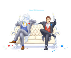 Rule 34 | 2boys, alternate costume, anniversary, beard, blue eyes, blue flower, bow, bowtie, brown hair, couch, cup, drinking glass, english text, facial hair, fate/grand order, fate (series), flower, formal, full body, goatee, hair intakes, highres, crossed legs, long hair, long sideburns, male focus, multiple boys, napoleon bonaparte (fate), one eye closed, pale skin, pants, rose, shoes, short hair, suit, suzuki80, white hair, yellow eyes, zeus (fate)