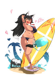 Rule 34 | 1girl, animal ear fluff, animal ears, ankle strap, arm up, armpits, ball, beachball, bikini, black hair, blush, breasts, cleavage, unworn clothes, collarbone, colored tips, covered erect nipples, curvy, dark skin, floral print, full body, gluteal fold, hair between eyes, hair flaps, hand on own chest, heart, highres, holding, holding surfboard, hololive, kani bonara, large breasts, long hair, looking at viewer, lowleg, lowleg bikini, multicolored hair, navel, ookami mio, open mouth, orange eyes, palm tree, pointy breasts, ponytail, running, sand, shorts, shorts around one leg, side-tie bikini bottom, sideboob, sidelocks, simple background, smile, solo, standing, standing on one leg, streaked hair, string bikini, surfboard, swimsuit, tail, tan, tanline, thigh gap, thighs, tree, underboob, very long hair, virtual youtuber, wet, wide hips, wolf ears, wolf girl, wolf tail