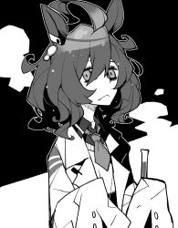 Rule 34 | 1girl, agnes tachyon (umamusume), ahoge, commentary, dowman sayman, greyscale, highres, lab coat, looking at viewer, messy hair, monochrome, necktie, portrait, school uniform, short hair, sleeves past fingers, sleeves past wrists, solo, test tube, umamusume, wing collar