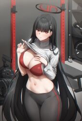 Rule 34 | 1girl, absurdres, black hair, black pants, blue archive, blunt bangs, bra, breasts, bright pupils, clothes lift, commentary, dumbbell, gileu, gym, hair ornament, hairclip, halo, highres, large breasts, lifting own clothes, midriff, navel, pants, power rack, red bra, red eyes, ribbed sweater, rio (blue archive), solo, stomach, sweater, sweater lift, turtleneck, turtleneck sweater, underwear, weights, white sweater, yoga pants