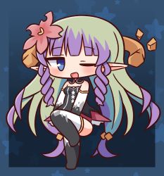 Rule 34 | 1girl, ;d, ameth (princess connect!), black dress, black gloves, black thighhighs, blue eyes, blush, breasts, chibi, commentary request, dress, drill hair, drill sidelocks, elbow gloves, flower, full body, gloves, green hair, hair flower, hair ornament, hana kazari, highres, long hair, looking at viewer, multicolored hair, no shoes, one eye closed, open mouth, pointy ears, princess connect!, purple hair, red flower, sidelocks, small breasts, smile, solo, standing, standing on one leg, strapless, strapless dress, thighhighs, two-tone hair, very long hair, white gloves, white thighhighs