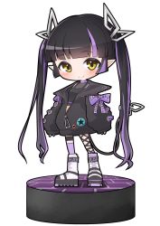 Rule 34 | 1girl, black footwear, black hair, black jacket, black ribbon, black shirt, blunt bangs, blush, boots, breasts, chibi, cleavage, closed mouth, commentary request, crop top, cross-laced clothes, cross-laced sleeves, demon girl, demon horns, demon tail, full body, highres, horns, jacket, kojo anna, kojo anna (1st costume), leg ribbon, long hair, long sleeves, looking at viewer, medium breasts, multicolored footwear, multicolored hair, nanashi inc., off shoulder, open clothes, open jacket, pointy ears, purple footwear, purple hair, ribbon, robou no stone, russian text, see-through, see-through cleavage, see-through shirt, shirt, simple background, single thighhigh, sleeveless, sleeveless shirt, sleeves past wrists, smile, solo, standing, sugar lyric, tail, thigh strap, thighhighs, twintails, two-tone hair, very long hair, virtual youtuber, white background, white footwear, yellow eyes, zipper