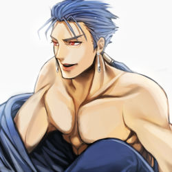 Rule 34 | 1boy, bad id, bad pixiv id, bare shoulders, blue hair, cu chulainn (fate), earrings, fate/stay night, fate (series), jewelry, cu chulainn (fate/stay night), long hair, male focus, mitsuki mitsuno, muscular, ponytail, red eyes, solo, undressing