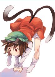 Rule 34 | 1girl, animal ears, brown hair, cat ears, cat girl, cat tail, chen, chinese clothes, ear piercing, frilled skirt, frills, full body, green hat, hat, highres, long sleeves, looking away, mob cap, multiple tails, nekomata, no shoes, one-hour drawing challenge, piercing, pouncing, red skirt, red vest, shirt, short hair, simple background, skirt, skirt set, socks, solo, tail, takahashi kouta, touhou, two tails, vest, white background, white footwear, white shirt