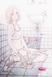 Rule 34 | 1girl, bandages, bandaid, bare shoulders, basket, bathroom, blue eyes, breasts, collarbone, commentary, crack, english commentary, fight club, highres, medium hair, navel, original, panties, parted lips, room, scar, shoelaces, shoes, sink, sitting, small breasts, sneakers, soap, soap bubbles, solo, stomach, teyuruun, tiles, underwear, washing, water pipe, white hair, window