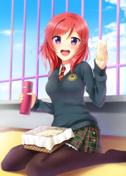 Rule 34 | 10s, 1girl, :d, alternate costume, blazer, blush, brown pantyhose, food, hair ornament, hairclip, happy, highres, jacket, looking at viewer, love live!, love live! school idol project, lunchbox, necktie, nishikino maki, no shoes, open mouth, pantyhose, plaid, plaid skirt, purple eyes, red hair, rooftop, sandwich, school uniform, short hair, sitting, skirt, smile, solo, sweater, thermos, wariza, yu-ta