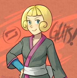 Rule 34 | &gt;:), 00s, 1girl, black kimono, blonde hair, blue eyes, blunt bangs, blush, brown background, closed mouth, creatures (company), frontier brain, game freak, greta (pokemon), hand on own hip, highres, japanese clothes, kimono, looking at viewer, neck, nintendo, pokemon, pokemon emerald, pokemon rse, red background, roarke (lavenderincubus), sash, short hair, smile, solo, upper body, white sash