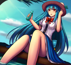 Rule 34 | 1girl, bad id, bad pixiv id, blue hair, blue sky, bottle, cloud, convenient leg, day, food, fruit, hat, highres, hinanawi tenshi, long hair, nekozombie, open mouth, peach, puffy short sleeves, puffy sleeves, red eyes, revision, shirt, short sleeves, sitting, skirt, sky, smile, soaking feet, solo, touhou, upskirt, very long hair