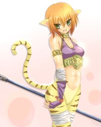 Rule 34 | 1girl, animal ears, bad id, bad pixiv id, breath of fire, breath of fire ii, cat ears, cat tail, gloves, gradient background, green eyes, highres, midriff, orange hair, rinpoo chuan, sato toshiya, short hair, solo, staff, tail, transparent background