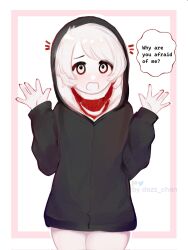 Rule 34 | 1girl, ai-generated art (topic), artist name, black hood, black hoodie, blush, colored skin, creepypasta, dazz chan, english text, hands up, highres, hood, hoodie, jeff the killer, jeff the killer (ai-gen), looking at viewer, solo, speech bubble, white background, white eyes, white skin