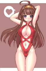 Rule 34 | 10s, 1girl, ahoge, armpits, arms behind head, arms up, blush, breasts, brown hair, cameltoe, cleavage, cleavage cutout, clothing cutout, double bun, hairband, headgear, heart, kantai collection, kongou (kancolle), kurogane daichi, large breasts, long hair, looking at viewer, navel, o-ring, o-ring swimsuit, one-piece swimsuit, purple eyes, red one-piece swimsuit, simple background, smile, solo, spoken heart, standing, swimsuit, thigh gap