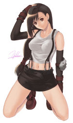 Rule 34 | 1990s (style), 1girl, bare shoulders, belt, black hair, boots, breasts, brown eyes, covered erect nipples, earrings, elbow gloves, final fantasy, final fantasy vii, fingerless gloves, full body, gloves, highres, jewelry, kneeling, large breasts, long hair, low-tied long hair, midriff, miniskirt, navel, pencil skirt, retro artstyle, shirt, shoes, signature, simple background, skirt, smile, solo, suspender skirt, suspenders, tank top, taut clothes, taut shirt, tifa lockhart, yukihiro