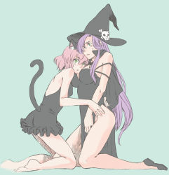 Rule 34 | 2girls, alternate costume, animal ears, aqua background, bare arms, bare legs, bare shoulders, black dress, breasts, cape, cat ears, cat girl, cat tail, cosplay, dress, embarrassed, faris scherwiz, female focus, final fantasy, final fantasy v, full body, green eyes, halloween, hat, incest, kneeling, large breasts, lenna charlotte tycoon, long dress, long hair, looking at viewer, multiple girls, pink hair, purple hair, short dress, short hair, shy, siblings, simple background, sisters, small breasts, square enix, tail, toutoumi, witch hat, yuri