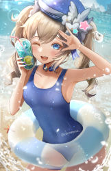 Rule 34 | 1girl, ;d, absurdres, alternate costume, armpits, barbara (genshin impact), beach, blue eyes, blue one-piece swimsuit, blurry, choker, collarbone, commentary request, cup, depth of field, drink, drinking glass, drinking straw, food, fruit, genshin impact, hair between eyes, hat, hat ornament, highres, holding, holding cup, ice, ice cube, innertube, leaning forward, lemon, lemon slice, light brown hair, long hair, looking at viewer, nanamo yado, ocean, one-piece swimsuit, one eye closed, open mouth, school swimsuit, sidelocks, sleeveless, smile, solo, starfish, swim ring, swimsuit, twintails, wet, wet clothes, wet swimsuit