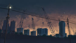 Rule 34 | building, cloud, cloudy sky, commentary, crane (machine), fence, mclelun, no humans, original, outdoors, power lines, scenery, sky, sunset, twilight, utility pole