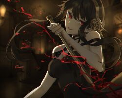 Rule 34 | 1girl, bare shoulders, black dress, black hair, blood, blood spray, boori988, breasts, dagger, dress, floating hair, hairband, hand up, highres, holding, holding dagger, holding knife, holding weapon, knife, long hair, looking at viewer, medium breasts, motion lines, open mouth, parted lips, red eyes, sidelocks, smile, solo, spy x family, upper body, weapon, yor briar