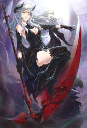 Rule 34 | 1girl, black dress, black footwear, black gloves, black horns, black thighhighs, boots, breasts, colored eyelashes, commentary request, corset, dress, full body, gloves, holding, holding scythe, horns, jewelry, lace, lace-trimmed legwear, lace trim, long hair, looking at viewer, medium breasts, natsuya (kuttuki), necklace, open mouth, scythe, sleeveless, sleeveless dress, smile, solo, thighhighs, venus blade, white hair, yellow eyes