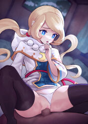 Rule 34 | 1boy, 1girl, absurdres, black thighhighs, blonde hair, blue eyes, capelet, censored, clothed sex, clothing aside, cowgirl position, dark-skinned male, dark skin, dot nose, dress, fantasy life, hetero, highres, hood, hood down, indoors, jewelry, long hair, looking at another, low twintails, mosaic censoring, necklace, open mouth, paid reward available, panties, panties aside, penis, pussy, raised eyebrows, sex, skyxperish, spread legs, squatting cowgirl position, straddling, symbol-shaped pupils, thighhighs, twintails, underwear, vaginal, variant set, white capelet, white dress, white panties, yuelia (fantasy life)