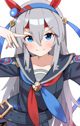 Rule 34 | 1girl, absurdres, arm up, belt buckle, blue dress, blue eyes, blue neckerchief, blue sailor collar, blush, buckle, closed mouth, collarbone, commentary, cowboy shot, dress, grey hair, hair between eyes, highres, large belt, leaning to the side, long hair, long sleeves, looking at viewer, morumoru x, multicolored neckwear, nail polish, neckerchief, red neckerchief, sailor collar, sidelocks, simple background, smile, solo, tamamo cross (umamusume), umamusume, v-shaped eyebrows, white background