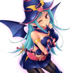 Rule 34 | 1girl, ;o, armlet, bare shoulders, bat wings, black pantyhose, blue hair, boots, chocolate magician girl, clothing cutout, cowboy shot, detached collar, duel monster, eld pld, finger to mouth, gloves, hat, heart, heart cutout, long hair, looking at viewer, miniskirt, one eye closed, orange eyes, pantyhose, pointy ears, skirt, solo, thigh boots, thighhighs, wand, wings, wizard hat, yu-gi-oh!