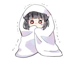 Rule 34 | 1girl, bd ayknn, black hair, blanket hug, blush, commentary request, copyright request, full body, hair flaps, looking at viewer, pink eyes, short hair, simple background, solo, white background