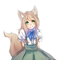 Rule 34 | 1girl, animal ear fluff, animal ears, bow, brown hair, fox ears, fox tail, green eyes, long hair, looking at viewer, monorus, original, simple background, skirt, smile, solo, suspenders, tail, white background