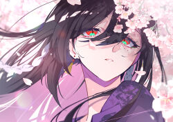 Rule 34 | 1girl, absurdres, black hair, braid, cherry blossoms, colored inner hair, earrings, eyeshadow, floral background, flower, green eyes, highres, jewelry, makeup, mole, mole under eye, multicolored hair, nekoma hikaru, open mouth, original, parted lips, purple shirt, red eyes, shirt, tassel, tassel earrings