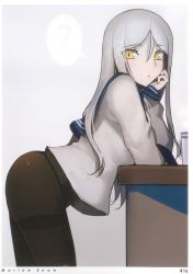 Rule 34 | 1girl, ?, absurdres, abyssal ship, colored skin, from side, gradient background, grey background, grey hair, grey skin, head rest, highres, kantai collection, long hair, long sleeves, looking at viewer, no pants, panties, pantyhose, scan, school uniform, serafuku, simple background, solo, spoken question mark, ta-class battleship, thighband pantyhose, underwear, walzrj, yellow eyes