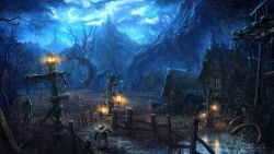 Rule 34 | 1boy, baraka, castle, cloud, cloudy sky, concept art, crescent moon, facing away, fantasy, fence, from behind, hanged, holding, holding staff, house, lamppost, moon, moonlight, moonworker, mountainous horizon, night, night sky, official art, outdoors, pond, rain, road, scenery, signpost, sky, staff, tera online, tree, village