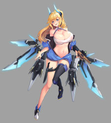 Rule 34 | 1girl, absurdres, arm belt, armored legwear, asymmetrical footwear, bare shoulders, black thighhighs, blonde hair, blue eyes, blue jacket, blush, breasts, cleavage, collarbone, commentary request, covered erect nipples, dagger, detached collar, floating, full body, grey background, grey panties, gun, hair between eyes, halterneck, headgear, highres, holding, holding gun, holding weapon, holster, jacket, kiwoseo meogneundas, knife, korean commentary, large breasts, looking at viewer, mecha musume, mechanical wings, midriff, mismatched footwear, navel, o-ring, o-ring top, off-shoulder jacket, off shoulder, open mouth, original, panties, partially unzipped, ponytail, short sleeves, sidelocks, simple background, single thighhigh, skindentation, solo, strapless, thigh holster, thighhighs, trigger discipline, tube top, underwear, wavy mouth, weapon, white tube top, wings