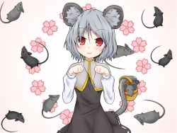 Rule 34 | 1girl, animal ears, basket, blush, capelet, dress, ebi senbei, flower, grey hair, highres, jewelry, long sleeves, looking at viewer, mouse (animal), mouse ears, mouse tail, nazrin, nyanyanyanyanyanyanya! (vocaloid), paw pose, pendant, red eyes, short hair, solo, tail, touhou, vocaloid