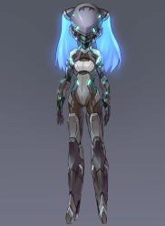 Rule 34 | armor, bad id, bad pixiv id, blue hair, flat chest, full body, glowing, glowing hair, grey background, original, power armor, robot, simple background, solo, standing, tomonao, twintails