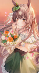 Rule 34 | 1girl, absurdres, alternate costume, black skirt, bouquet, braid, brown eyes, brown hair, closed mouth, commentary, ear ornament, flower, french braid, green skirt, half updo, highres, holding, holding bouquet, horse girl, long hair, looking at viewer, multicolored hair, off-shoulder shirt, off shoulder, ri yonn, satono diamond (umamusume), shirt, skirt, smile, solo, streaked hair, umamusume, very long hair
