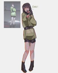 Rule 34 | 1girl, black footwear, black hair, blunt bangs, boots, character request, chromatic aberration, commentary, dress, english commentary, full body, green dress, highres, holding, holding microphone, long hair, long sleeves, looking at viewer, microphone, mob psycho 100, mp100days, photo inset, pointing, reference inset, simple background, smile, standing, white background