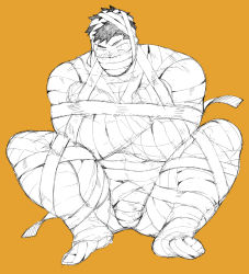 Rule 34 | 1boy, bandages, bandaged arm, bandaged leg, bandages, bara, bulge, covered mouth, crossed arms, full body, halloween, halloween costume, highres, male focus, multiple monochrome, mummy costume, muscular, naked bandage, naop (anything), original, short hair, sitting, solo, spread legs, thick thighs, thighs