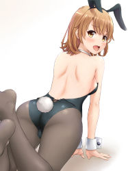 Rule 34 | 1girl, animal ears, ass, black leotard, blush, breasts, brown eyes, brown hair, detached collar, fake animal ears, from behind, highres, inanaki shiki, isshiki iroha, leotard, looking at viewer, looking back, medium breasts, no shoes, open mouth, pantyhose, playboy bunny, rabbit ears, rabbit girl, rabbit tail, short hair, sideboob, solo, strapless, strapless leotard, tail, white background, wrist cuffs, yahari ore no seishun lovecome wa machigatteiru.