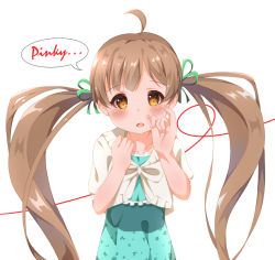 Rule 34 | 1girl, ahoge, arms up, bad id, bad pixiv id, blush, brown hair, cowboy shot, dress, english text, green dress, green ribbon, hair ribbon, hakozaki serika, idolmaster, idolmaster million live!, long hair, looking at viewer, open mouth, orange eyes, pinky swear, ribbon, sakurayu777, shawl, simple background, solo, speech bubble, string, string of fate, twintails, very long hair, white background