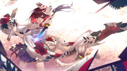 Rule 34 | 1girl, blurry, bracelet, brown eyes, card, choker, commentary request, cowboy shot, curry bowl, dated, depth of field, facial mark, floral print, fox mask, glowing, glowing weapon, hanafuda, highres, holding, holding sword, holding weapon, japanese clothes, jewelry, kimono, looking at viewer, mask, mask on head, midriff, miniskirt, original, parted lips, pleated skirt, purple skirt, red hair, reverse grip, rope, scabbard, sheath, short hair, short kimono, short sword, single thighhigh, skindentation, skirt, swept bangs, sword, tassel, thighhighs, unsheathed, weapon, white thighhighs, wind