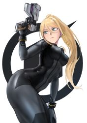 Rule 34 | 1girl, aqua eyes, arched back, armband, ass, black bodysuit, blonde hair, bodysuit, breasts, commentary request, gun, handgun, highres, kilye kairi, leaning forward, long hair, looking to the side, metroid, nintendo, ponytail, samus aran, simple background, skin tight, solo, super smash bros., thick thighs, thighs, weapon, white background, zero suit