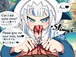 Rule 34 | 1boy, 1girl, animal hood, bdsm, beach, blood, blood on clothes, blood on face, blood on hands, blood on tongue, blue eyes, blue hair, blue hoodie, blush, bondage, bound, cannibalism, clothed female nude male, commentary request, day, eating, english text, ero guro, fish bone print, gawr gura, gawr gura (1st costume), grey hair, guro, hetero, highres, hololive, hololive english, hood, hoodie, imminent castration, long sleeves, looking at viewer, mixed-language text, multicolored hair, multilingual, nude, outdoors, pov, rope, sand, shark girl, shark hood, sharp teeth, short hair, smile, sound effects, streaked hair, teeth, v-shaped eyes, virtual youtuber, water, yuuki takara