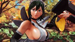 Rule 34 | 1girl, 3d, black hair, breasts, butterfly swords, curvy, fighting stance, forest, highres, holding, holding weapon, iroha (samurai spirits), large breasts, lips, looking to the side, maid, maid headdress, nature, ryona, samurai spirits, screencap, shiny skin, short hair, sideboob, skindentation, smile, solo, third-party edit, tree, weapon