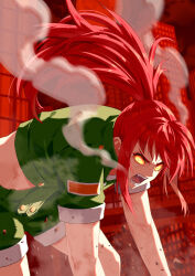 Rule 34 | 1girl, dark persona, gloves, glowing, glowing eyes, green jacket, green shorts, highres, jacket, leona heidern, military uniform, open mouth, orochi leona, ponytail, red hair, shorts, soldier, solo, steam, steam from mouth, suspenders, the king of fighters, uniform, yagi2013, yellow eyes