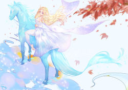 Rule 34 | 1girl, animal, arm at side, autumn leaves, bare shoulders, barefoot, blonde hair, blue background, blue eyes, blurry, blurry foreground, breasts, cleavage, clenched hand, commentary, depth of field, dress, elsa (frozen), floating hair, from above, frozen (disney), frozen ii (disney), horse, horseback riding, leaf, long dress, long hair, looking at viewer, looking back, medium breasts, riding, shiny skin, shizi suky, signature, simple background, smile, solo, sparkle, strapless, strapless dress, the nokk (frozen), white dress, wide shot