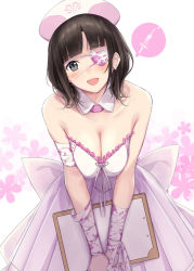 Rule 34 | 1girl, :d, bandaged arm, bandages, bare shoulders, black eyes, blunt bangs, blush, breasts, cleavage, clipboard, collarbone, commentary request, detached collar, dress, earrings, eyepatch, floral background, frilled dress, frills, hat, heart, heart eyepatch, holding, jewelry, leaning forward, looking at viewer, medium breasts, nijisanji, nurse, nurse cap, one eye covered, open mouth, pleated dress, serizawa (serizawaroom), short hair, smile, solo, speech bubble, spoken object, strapless, strapless dress, suzuka utako, syringe, virtual youtuber, white background, white dress