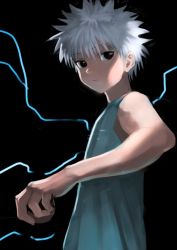 Rule 34 | 1boy, bare shoulders, black background, black hair, blouse, blue shirt, commentary request, electricity, from side, holding, hunter x hunter, killua zoldyck, looking to the side, male focus, monochrome background, pointy hair, shirt, simple background, solo, upper body, wasabi60, white hair