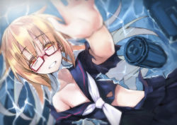 Rule 34 | 10s, 1girl, bad id, bad pixiv id, blurry, glasses, kantai collection, long hair, looking at viewer, matsuryuu, mochizuki (kancolle), partially submerged, school uniform, serafuku, sinking, skirt, smile, solo, torn clothes, water