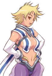 Rule 34 | 00s, 1girl, blonde hair, breasts, cleavage, cowboy shot, elbow gloves, gloves, hands on own hips, large breasts, maruto!, maya blythe, maya bryce, my-otome, navel, open mouth, pointy ears, short hair, simple background, solo, white background