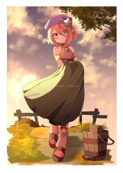Rule 34 | 1girl, ame., bare shoulders, blush, brown footwear, brown hair, bucket, closed mouth, commentary request, dress, eyes visible through hair, fence, flower, full body, grey dress, hair between eyes, hair flower, hair ornament, hat, head tilt, highres, kokkoro (princess connect!), outdoors, pointy ears, princess connect!, purple eyes, purple hat, sandals, sleeveless, sleeveless dress, smile, solo, sunset, tree, white flower