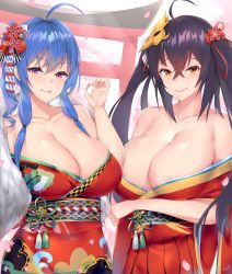 Rule 34 | 2girls, ahoge, areola slip, arm under breasts, azur lane, bare shoulders, black hair, blue hair, breasts, cleavage, closed mouth, collarbone, commentary, english commentary, flower, fur scarf, hair between eyes, hair flower, hair ornament, hair tie, hand up, heart, heart-shaped pupils, highres, japanese clothes, kimono, kuavera, large breasts, long hair, looking at viewer, mask, mask on head, multiple girls, new year, no bra, off shoulder, ok sign, print kimono, purple eyes, red kimono, red ribbon, ribbon, sash, side ponytail, smile, st. louis (azur lane), st. louis (spirits in the snow) (azur lane), symbol-shaped pupils, taihou (azur lane), tongue, tongue out, torii, twintails